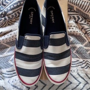 Navy and white striped sperrys